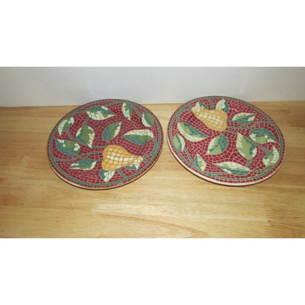 Pier 1 Mosaic Fruit red green pear leaves Salad luncheon 2 plates set lot 8 1/4